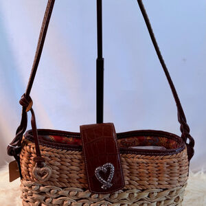 Brighton Straw Woven Shoulder Bag Leather Trim Heart Clasp Boho Basket Purse